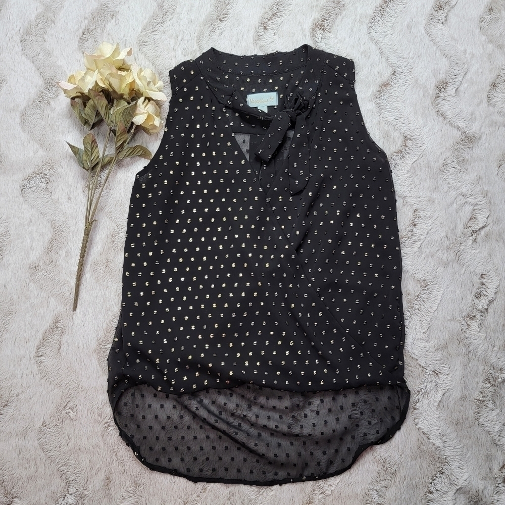 ✨️CL‎ VeronicaM Black Metallic Gold Popcorn Accent Sheer Panel Sleeveless Top XS